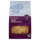Sainsbury's cookies Sainsburys Taste the Difference light blue top purple bottom paper bag see through window bottom half to see white chocolate cookies with milk chocolate chunks
