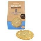 Sainsbury's cookies Sainsburys Taste the Difference brown top light blue bottom paper bag see through window bottom half to see white chocolate cookies white chocolate cookie with white chocolate cookie beside bag