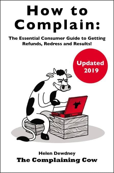 book Logo cartoon cow at a laptop of book cover. How to Complain: The Essential Consumer Guide to Getting Refunds, Redress and Results!