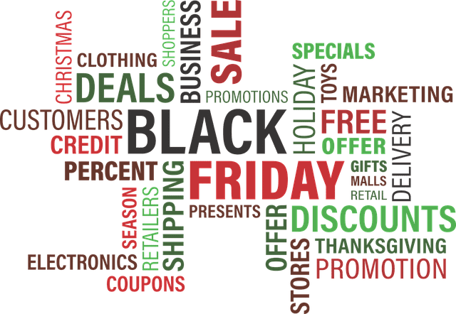 Black square Black Friday in capitals in white inside red line box with line bow on top and sale at bottom