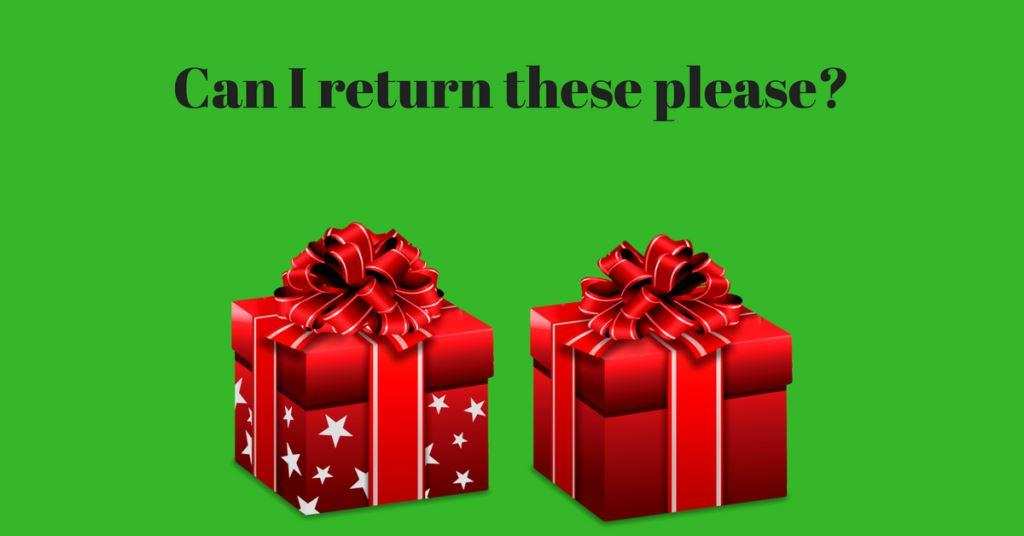 2 wrapped presents on green background can I return this please?