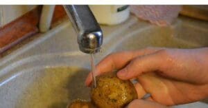 washing potatoes under running tap