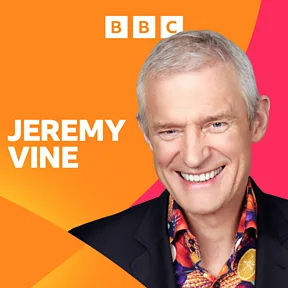 60 year old Jeremy Vine smiling with Jeremy Vine Radio 2 logo orange background