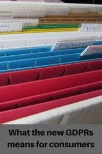 Coloured files in cabinet with name labels text "What the new GDPRs mean for consumers