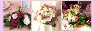 pink background strip 3 boxes variety of flowers boquets