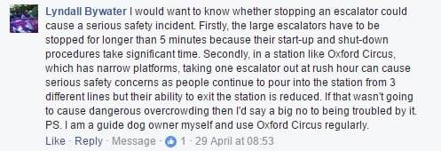 guide dog owner comment on FB safety issue as escalator takes time to stop and start and narrow platform can cause safety concern if no overcrowding should stop