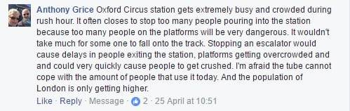 FB comment about the station being too busy so would be dangerous from overcrowding