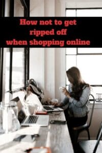 woman sitting at computer text how not to get ripped off when shopping online