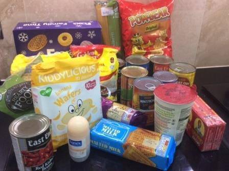 pasta. biscuits, tins, deodorant, crisps, baby food