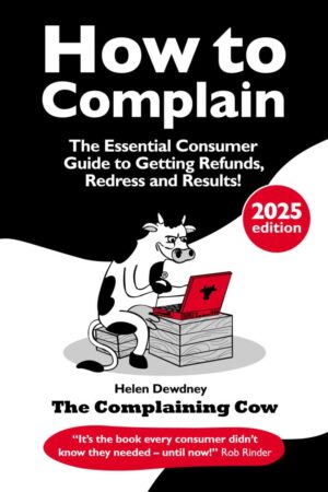 Black and white cartoon cow sitting at a laptop on the cover of How to Complain by Helen Dewdney