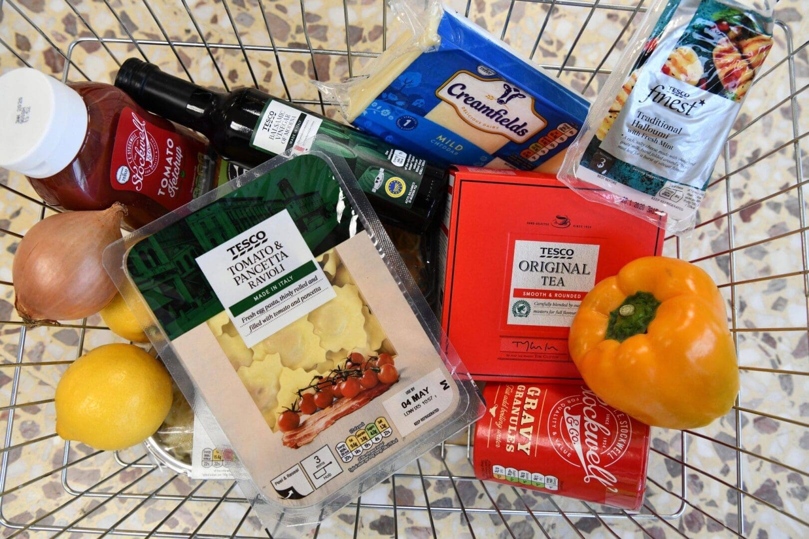 Tesco products in a basket