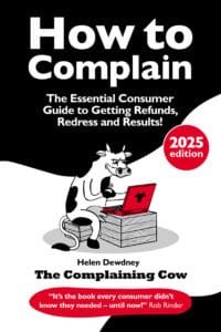 Cartoon Cow logo in the middle of the book. Sitting up at a red lap top on a box. Title at the top on black blob bottom Helen Dewdney The Complaining Cow
