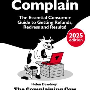 Cartoon Cow logo in the middle of the book. Sitting up at a red lap top on a box. Title at the top on black blob bottom Helen Dewdney The Complaining Cow