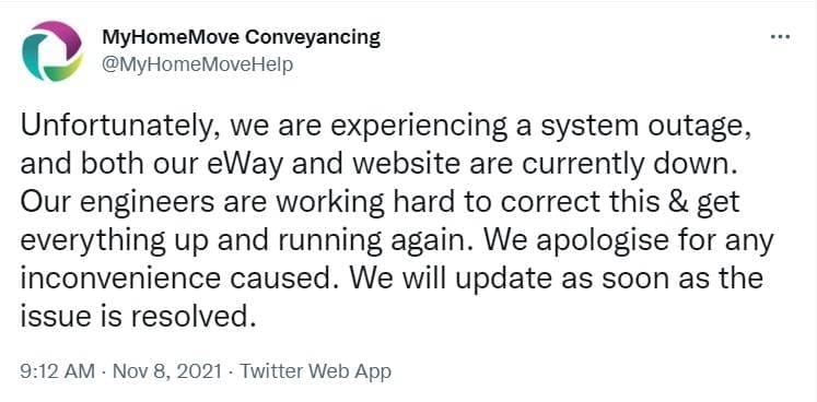 Tweet stating outage