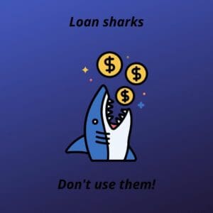 cartoon head of a shark mouth open 3 round coins with dollar signs
