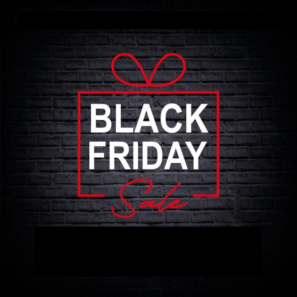 Black Friday inside red box lined with bow black background