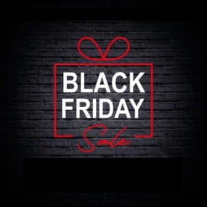 Black Friday inside red box lined with bow black background