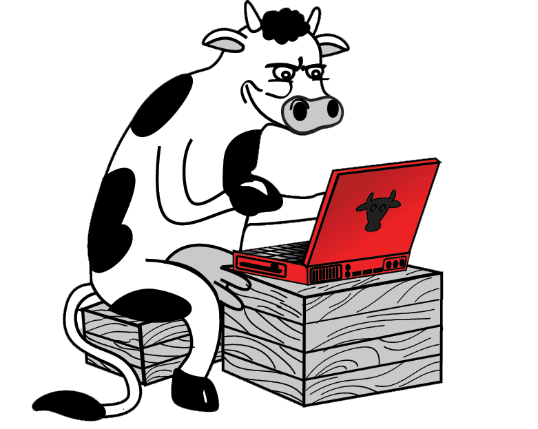 Cartoon black and white cow sitting down on grey box typing at red laptop