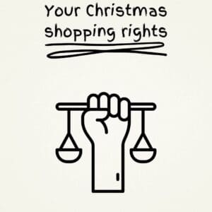 Graphic hand with scales your Christmas shopping rights