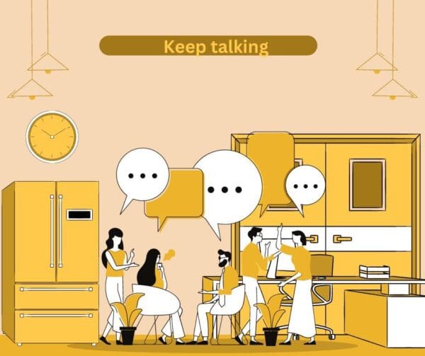 Graphic of people in kitchen talking