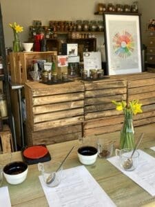 Wooden crates coffee tasting station