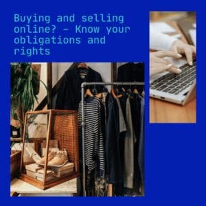 Blue square image of hand on laptop and image of clothes buying and selling online - know your obligations and rights