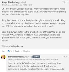 Comment calling poster woke and response saying didn't get further than that
