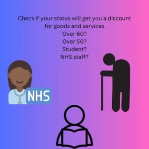 Pink/purple background graphics NHS, silhouette man with walking stick at bottom outline stickface reading book