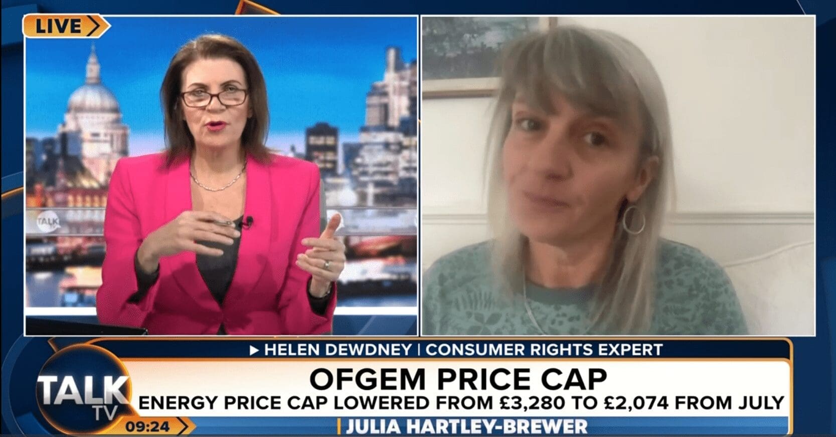 Screenshot of Julia Hartley-Brewer in black top and pink jacket and Helen in screen next to her green and grep top.