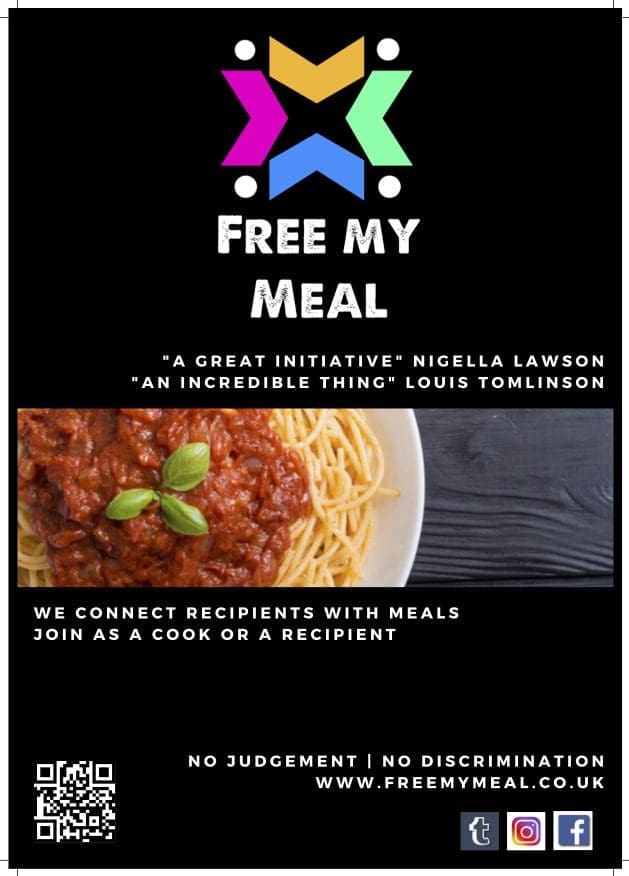 Free My Meal leaflet black background plate of spaghetti bolognaise
