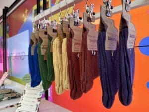 Rail of pairs of sock hanging