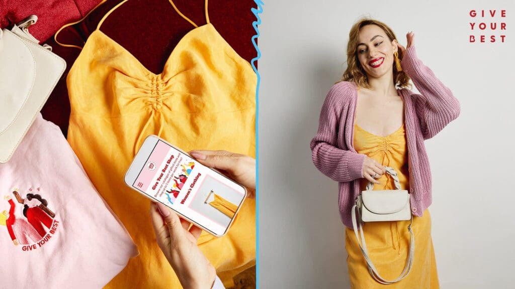 Split into two on left two hands round phone taking picture of yellow dress other site white woman shoulder length blight brown hair shoulder length wearing the dress and pink cardigan and holding a white handbag