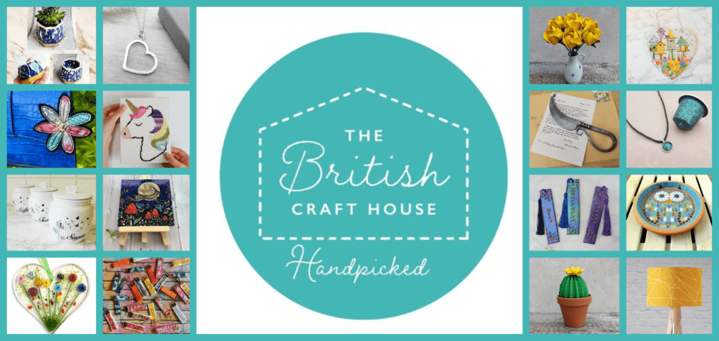White dots in house shape The British Craft House in white writing inside upper case British only capital B on green cirle square background and handpicked under the house outline surrounded by items either side