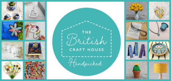 White dots in house shape The British Craft House in white writing inside upper case British only capital B on green cirle square background and handpicked under the house outline surrounded by items either side