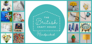 White dots in house shape The British Craft House in white writing inside upper case British only capital B on green cirle square background and handpicked under the house outline surrounded by items either side