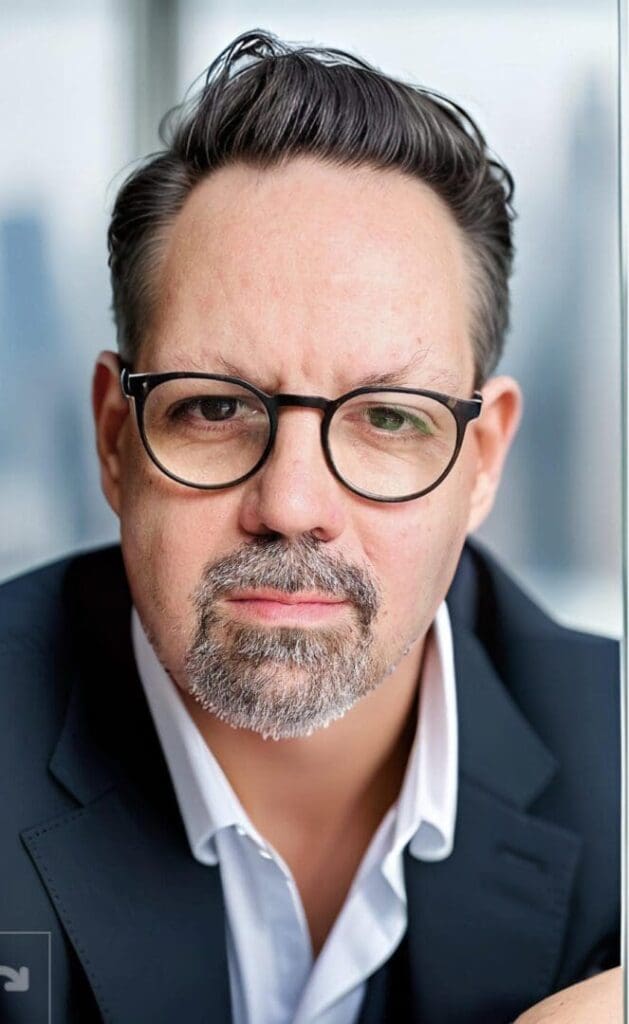 Man in 40s black rimmed glasses, greying short beard and moustache black jacket and white shirt