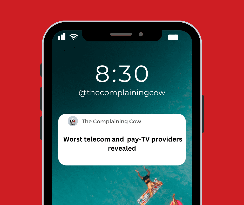 Mobile phone on red background. Time 8.30 Green background on phone @complaining cow message Worst telecom and pay-TV providers revealed