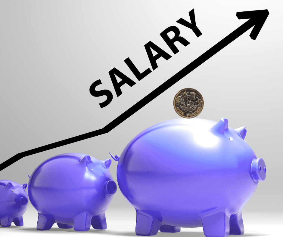 grey backround three purple piggy banks growing in size smallest on left just the face the word "salary" in black capitals on top of black diagonal line oi up to the right