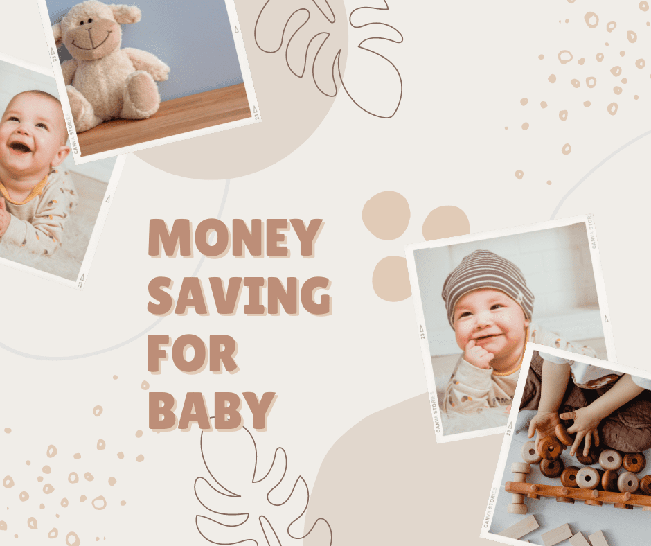 Cream and brown square two sqaures top left one with white baby one with teddy, bottom right two squares one with white baby other with wooden rings arms and hand playing with them