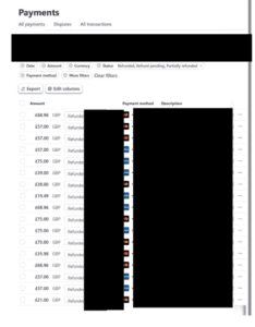 Screen shot of refunds blacked out on personal details