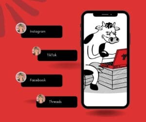 Red background The Complaining cow cartoon black and white cartoon cow sitting up at red laptop on grey box, typing To the left Helen Dewdney face, woman in 50s blond/grey hair smiling black block white text next to round circle of Helen 4 lots - Instagram, TikTok, Facebook, Threads