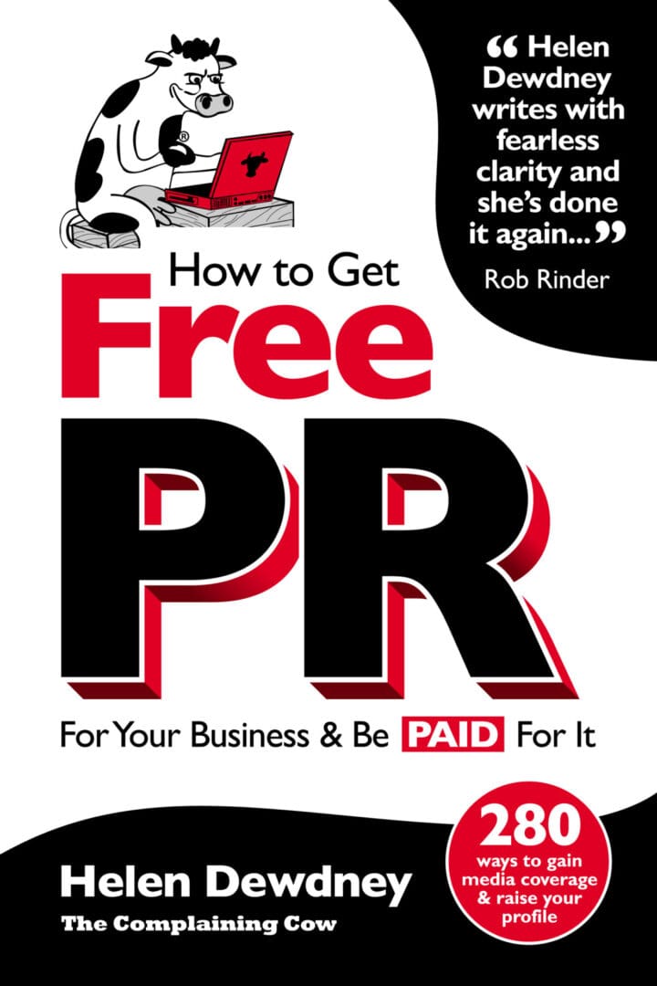 Free PR book cover with bold red and black text and The Complaining Cow cartoon logo