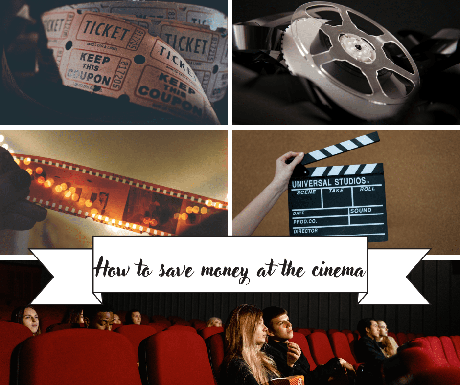 Grid of 6 images. Top left tickets, top right film reel middle left roll of negatives middle right clapperboard hand opening it white male and female in middle front seats another white couple to the right various people in seats sitting behind all red in cinema