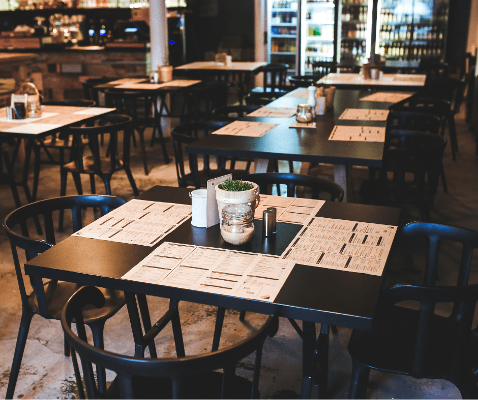 Row of tables for 4 in restaurant/cafe with mats and chairs