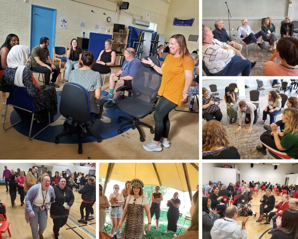 One main square and 5 squares around to the left and bottom with images of adults sitting on chairs in a circle laughing, standing outside laughing, outside standing laughing, school hall setting lots of people