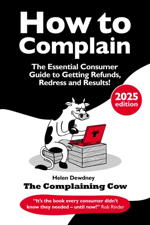 Cartoon Cow logo in the middle of the book. Sitting up at a red lap top on a box. Title at the top on black blob bottom Helen Dewdney The Complaining Cow