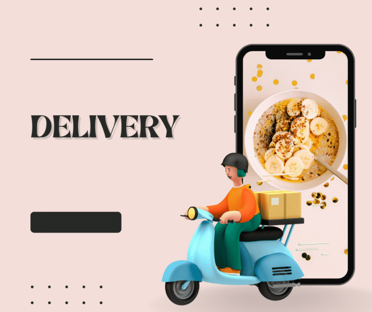 pink background square graphic of mobile phone image with bananas and milk in a bowl behind graphic man on cartoonlike moped box on back. The work delivery in black on right hand side