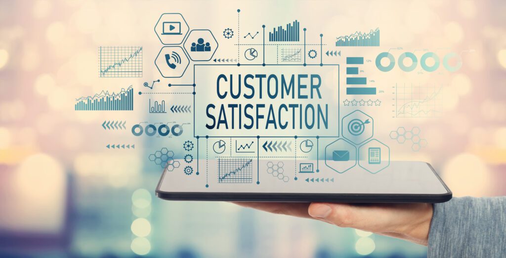 Customer satisfaction with man holding a tablet computer