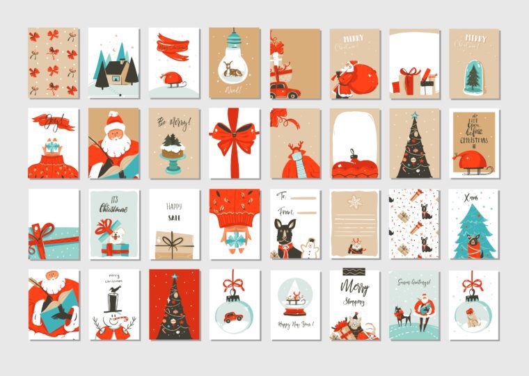 Hand drawn vector abstract fun Merry Christmas time cartoon illustrations greeting cards and backgrounds big collection set with gift boxes, people and Christmas tree isolated on white background.