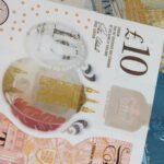 Closed up of different pound sterling banknotes. United Kingdom currency
